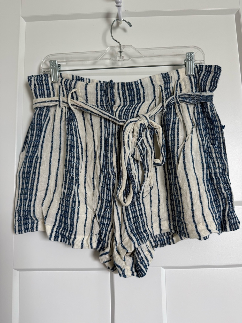 Navy and White Striped Paperbag Waist Shorts size large Cottagecore coastal